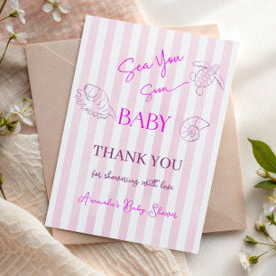 Coastal Pink Stripes Girl Sea Soon You Baby Shower Thank You Card
