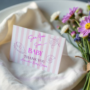 Coastal Pink Stripes Girl Sea Soon You Baby Shower Thank You Card