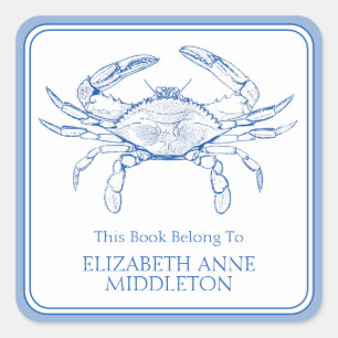 Coastal Preppy Blue and White Crab Bookplate Square Sticker