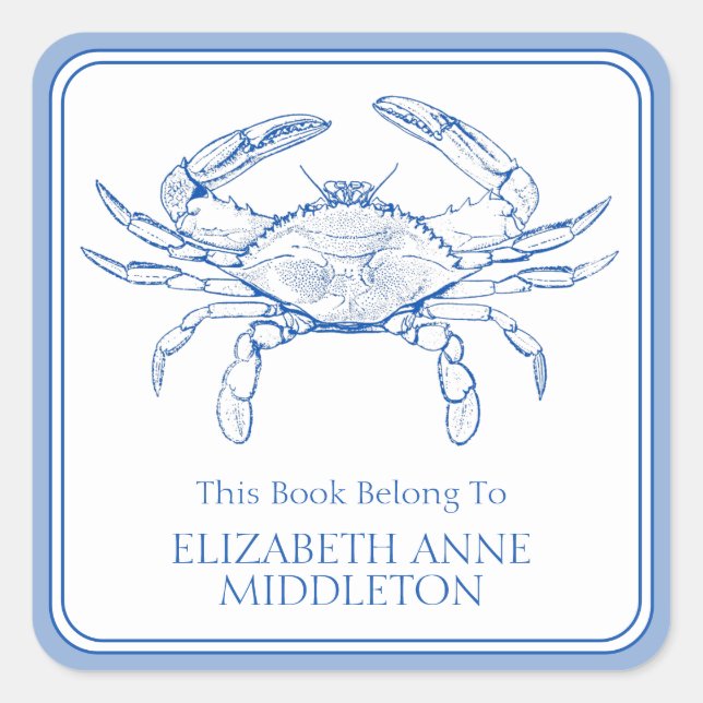 Coastal Preppy Blue and White Crab Bookplate Square Sticker (Front)