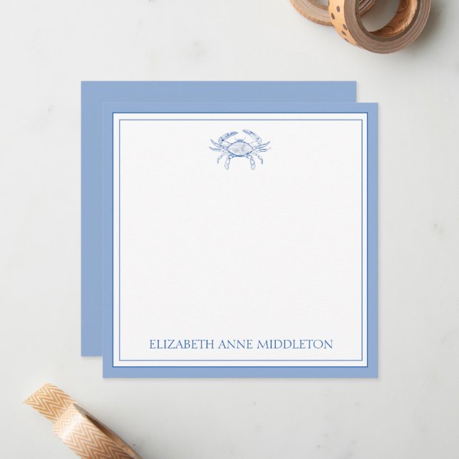 Coastal Preppy Blue and White Crab Personalised Card (Front/Back In Situ)