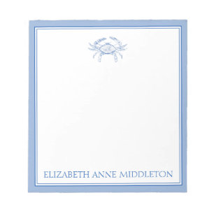 Coastal Preppy Blue and White Crab Personalised Notepad