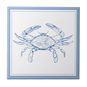 Coastal Preppy Blue and White Crab Tile