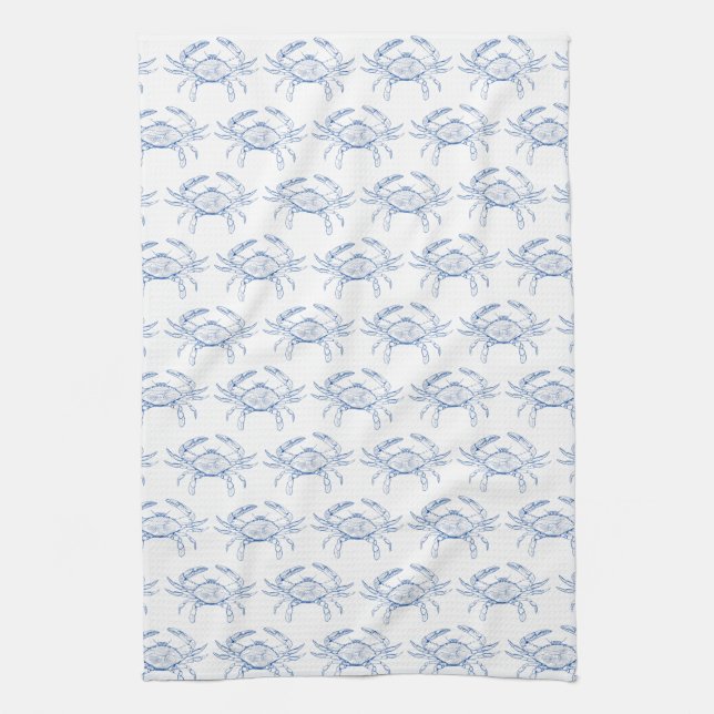 Coastal Preppy Blue and White Crabs Tea Towel (Vertical)