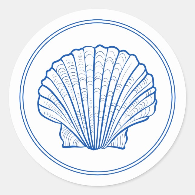 Coastal Preppy Blue and White Scallop Shell Classic Round Sticker (Front)