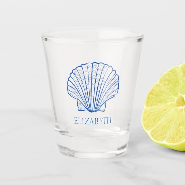 Coastal Preppy Blue and White Shell Personalised Shot Glass (Front)