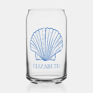 Coastal Preppy Blue and White Shells Personalised Can Glass