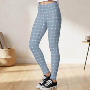 Coastal Preppy Dusty Blue Gingham Pattern Leggings