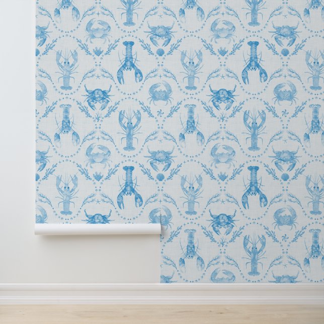 Coastal Preppy Lobster and Crabs in Light Blue Wallpaper (Application)