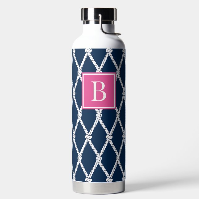 Coastal Preppy Nautical Monogram - Navy & Hot Pink Water Bottle (Left)
