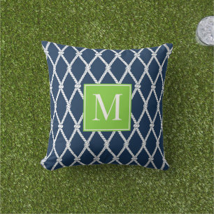 Coastal Preppy Nautical Monogram – Navy & Lime Cushion