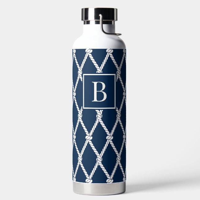 Coastal Preppy Nautical Monogram - Navy & White Water Bottle (Left)