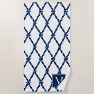 Coastal Preppy Nautical Monogram – White & Navy Beach Towel