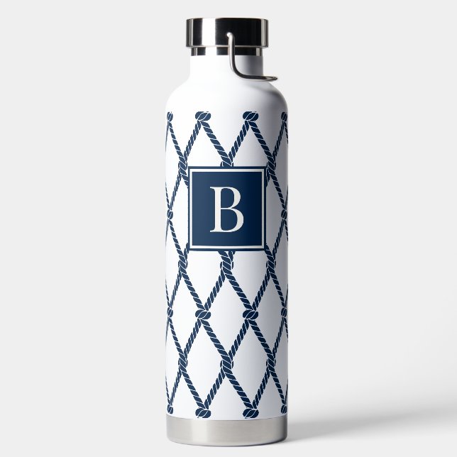 Coastal Preppy Nautical Monogram - White & Navy Water Bottle (Left)