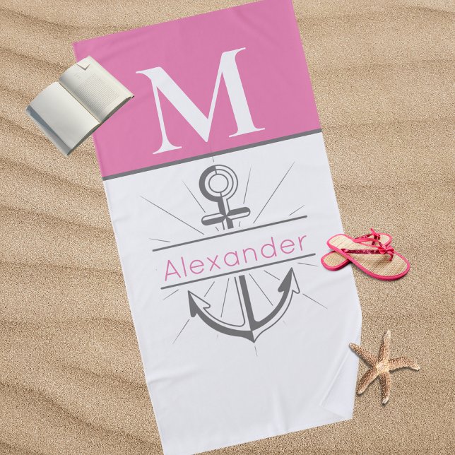 Coastal Preppy Pink Anchor Nautical Monogram Beach Towel (Creator Uploaded)