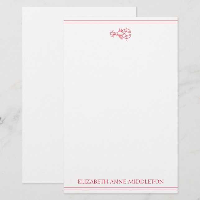 Coastal Preppy Red and White Lobster Personalised Stationery (Front/Back)