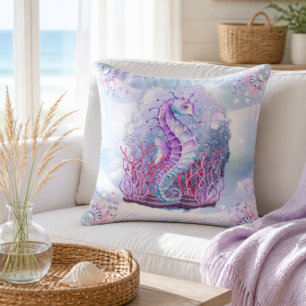 Coastal Purple Seahorse Throw Pillow