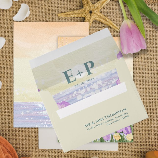 Coastal Purple Tulip Beach Floral Monogram Wedding Envelope (Coastal Purple Tulip Beach Floral Monogram Wedding Envelope)