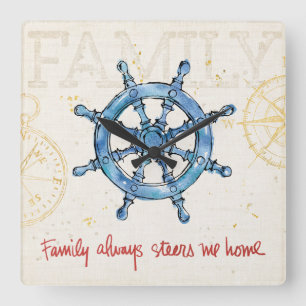 Coastal Quote   Family Always Steers me Home Square Wall Clock
