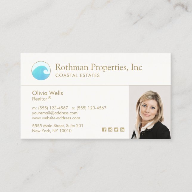 Coastal Real Estate Agent Photo Business Card (Front)
