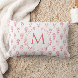 Coastal Red and White Lobsters Monogram Lumbar Cushion