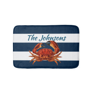 Coastal Red Crab Nautical Stripes Bath Mat