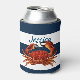 Coastal Red Crab Nautical Stripes Can Cooler