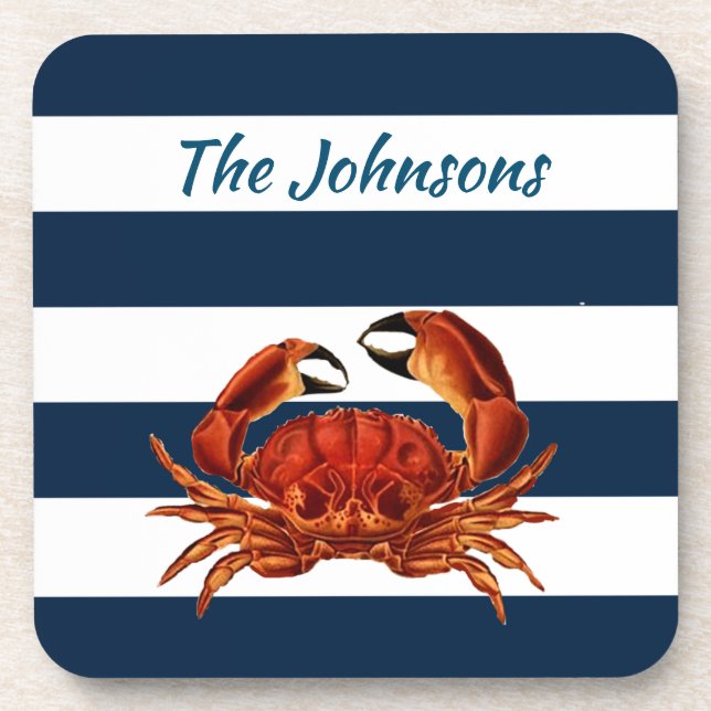 Coastal Red Crab Nautical Stripes Coaster (Front)