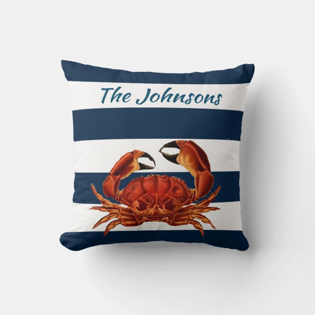Coastal Red Crab Nautical Stripes Cushion (Front)