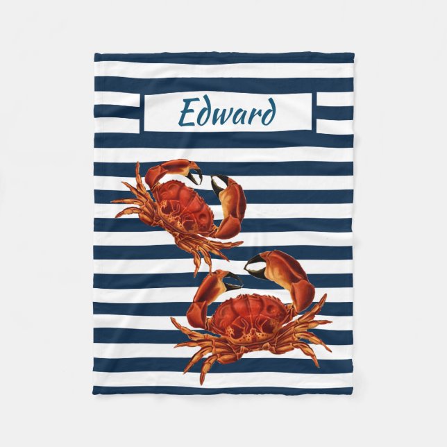 Coastal Red Crab Nautical Stripes Fleece Blanket (Front)