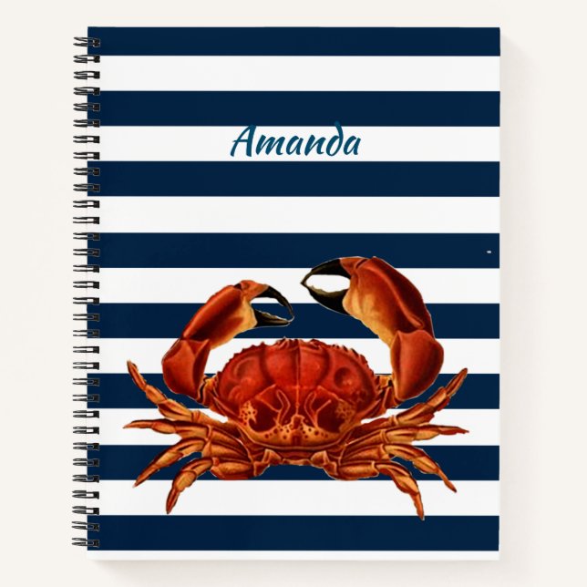 Coastal Red Crab Nautical Stripes Notebook (Front)