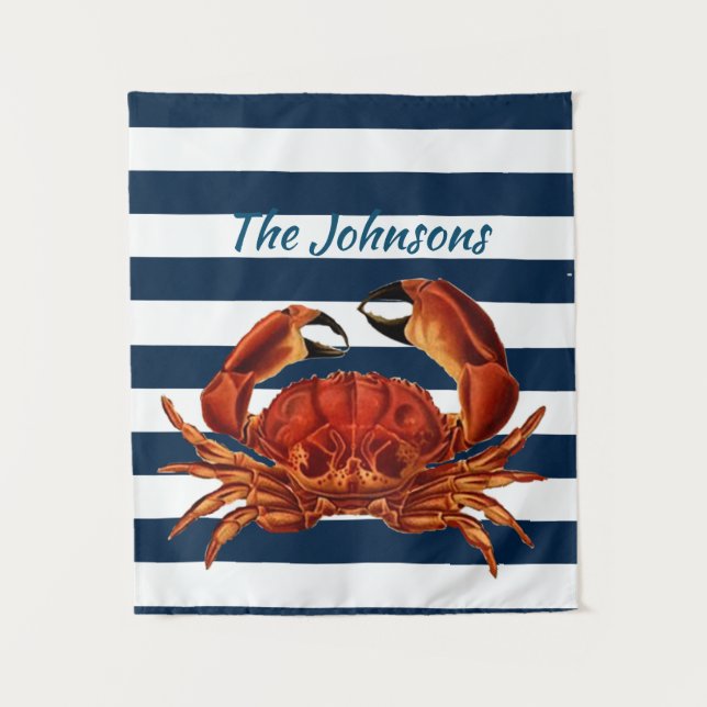 Coastal Red Crab Nautical Stripes Tapestry (Front)