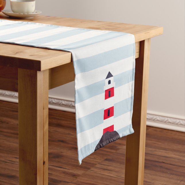 Coastal Red Lighthouse & Stripes Medium Table Runner (In Situ)
