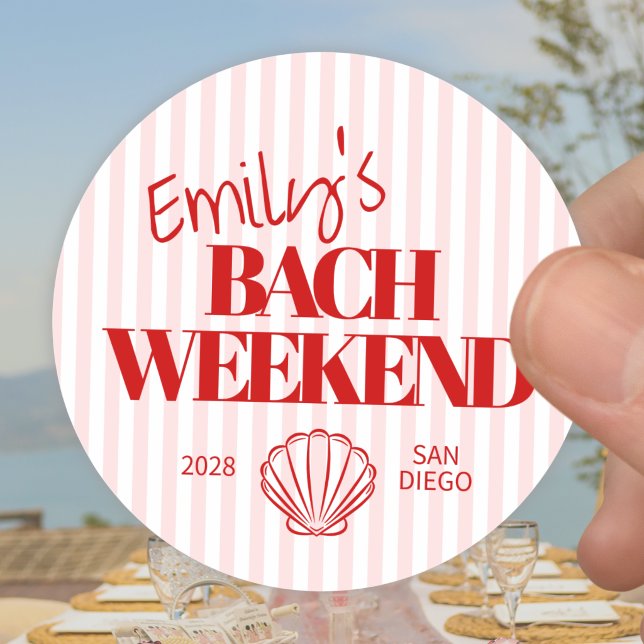 Coastal Red Striped Bach Weekend Shell Classic Round Sticker (Creator Uploaded)