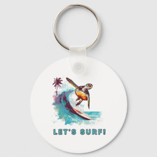 Coastal Retro Surfing Turtle - Let's Surf Key Ring