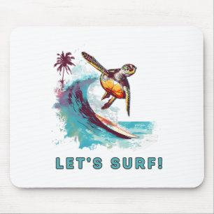 Coastal Retro Surfing Turtle - Let's Surf Mouse Pad