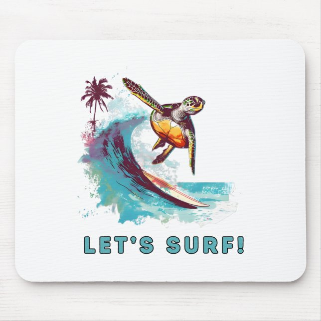 Coastal Retro Surfing Turtle - Let's Surf  Mouse Pad (Front)