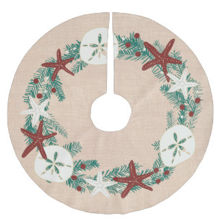 Coastal Rustic Beach Christmas Holiday Starfish Brushed Polyester Tree Skirt
