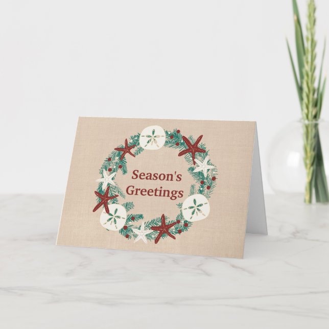 Coastal Rustic Beach Christmas Wreath Holiday Card (Front)