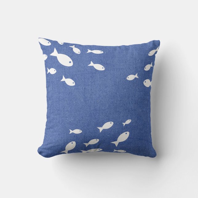 Coastal Rustic Blue Faux Burlap & White Fish Cushion (Front)