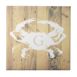 Coastal Rustic Wood Planks White Crab   Monogram Tile