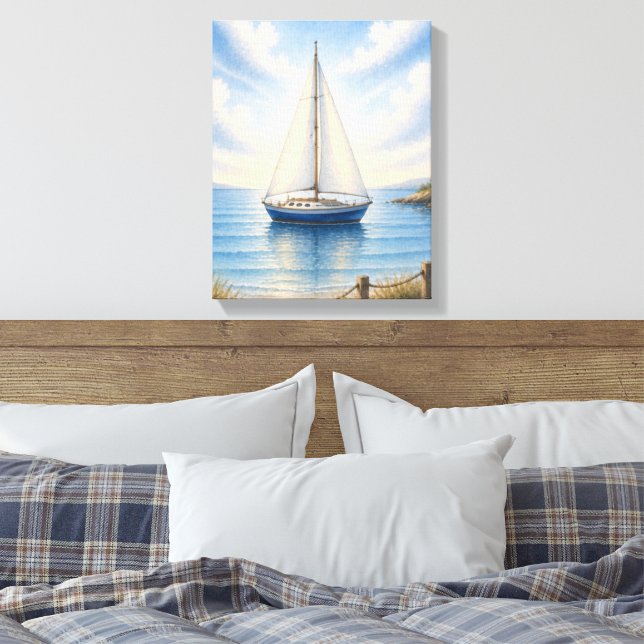 Coastal Sailboat Stretched Canvas Wall Hanging Print (Insitu(Bedroom))