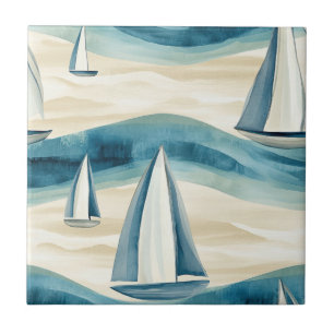 Coastal Sailboat Waves Nautical Pattern (1) Tile