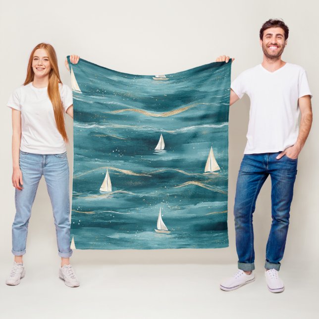 Coastal Sailboat Waves Nautical Pattern (3) Fleece Blanket (In Situ)