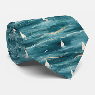 Coastal Sailboat Waves Nautical Pattern (3) Tie