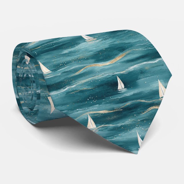 Coastal Sailboat Waves Nautical Pattern (3) Tie (Rolled)