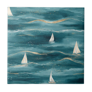 Coastal Sailboat Waves Nautical Pattern (3) Tile