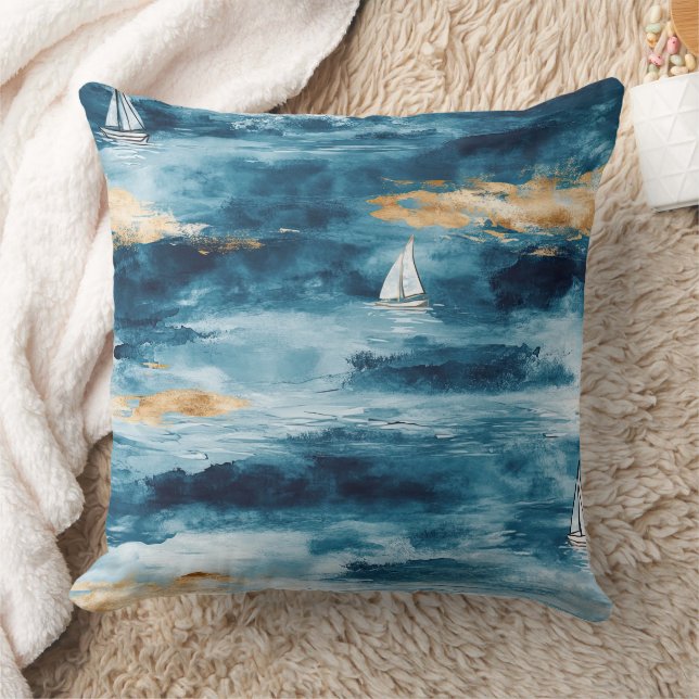 Coastal Sailboat Waves Nautical Pattern (4) Cushion (Blanket)