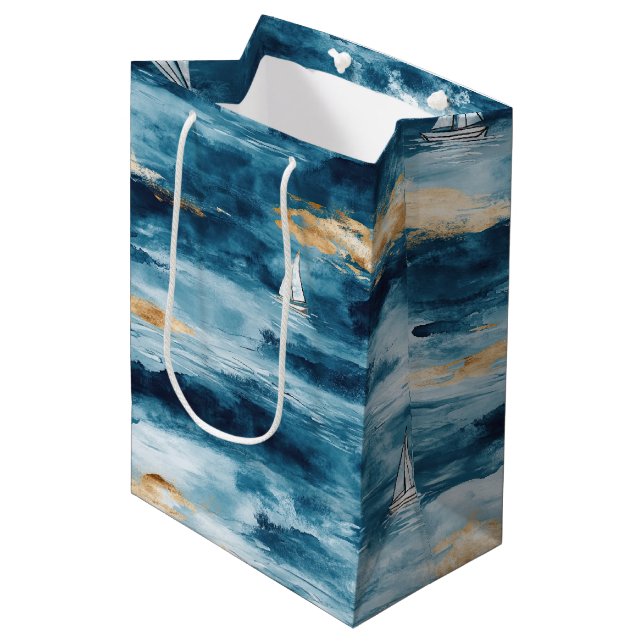 Coastal Sailboat Waves Nautical Pattern (4) Medium Gift Bag (Front Angled)