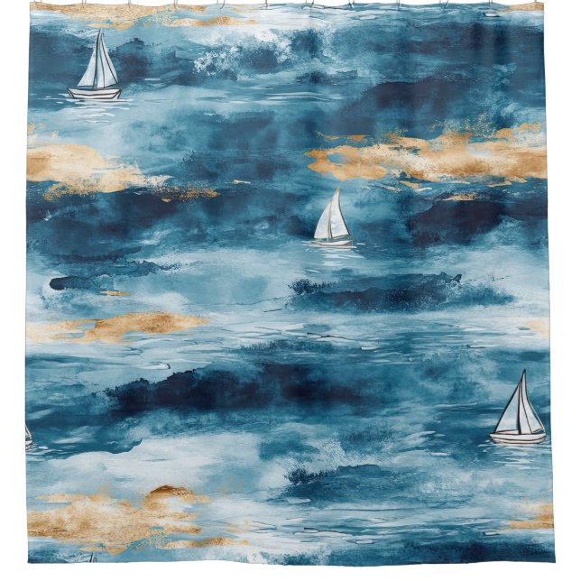 Coastal Sailboat Waves Nautical Pattern (4) Shower Curtain (Front)